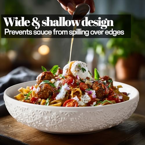 Pasta Bowls 32oz, Ceramic Large Salad Bowls 8 inch, White Embossed Soup Bowl Set of 4 for Entertaining, Serving, Dinner, Wide Shallow Microwave Dishwasher Oven Safe (Snowflake) - color: Snowflake
