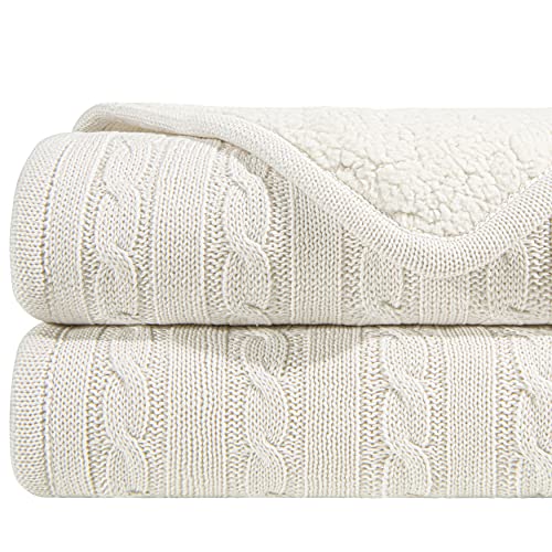 NTBAY Twin Cotton Cable Knit Sherpa Blanket, 60 x 80, White | Cotton Cable Knit Front with Warm Sherpa Reverse, 60 x 80 Inch Twin Blanket for Bed, Sofa, and Cold-Weather Layering - color: White