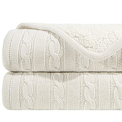 NTBAY Twin Cotton Cable Knit Sherpa Blanket, 60 x 80, White | Cotton Cable Knit Front with Warm Sherpa Reverse, 60 x 80 Inch Twin Blanket for Bed, Sofa, and Cold-Weather Layering - color: White