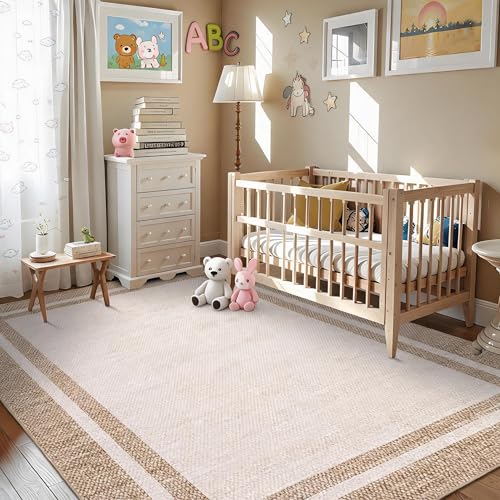 Garvee 4x6 Rugs for Living Room Neutral Border Washable Rugs，Beige | Bedroom Low Pile Soft Nursery Rug Stain Resistant Indoor Carpet for Dining Room - color: Modern Border - Beige, size: 4' x 6' (Rectangular)
