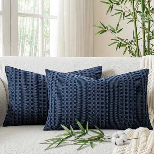 a moment 2 Pack Bamboo Fiber Pillow Covers - Waffle Weave, Ultra Soft & Breathable, Skin-Friendly Cotton Throw Pillow for Couch, Sofa, Bedroom Living Room 12x20 Inch Navy Blue - color: Navy Blue, size: 20" x 12" (Pack of 2)