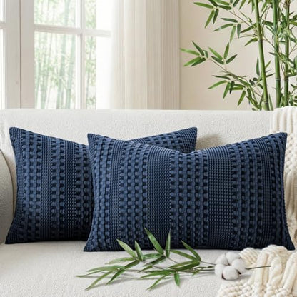 a moment 2 Pack Bamboo Fiber Pillow Covers - Waffle Weave, Ultra Soft & Breathable, Skin-Friendly Cotton Throw Pillow for Couch, Sofa, Bedroom Living Room 12x20 Inch Navy Blue - color: Navy Blue, size: 20" x 12" (Pack of 2)