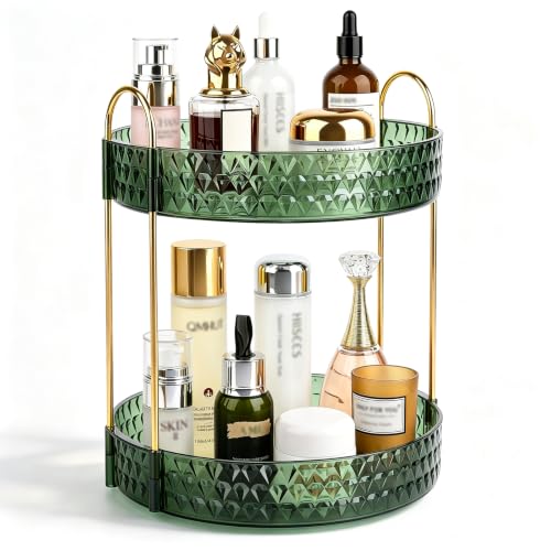 Large Capacity Rotating Makeup Organizer Perfume Stand Holder, 2 Tier Green | Skincare Storage for Dresser 360° Spinning Bathroom Counter Organizer for Vanity Lazy Susan Turntable - color: Green, size: 2 Tier (Standard)