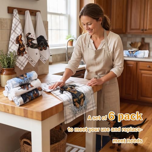 Redbaker 6 Pcs Dachshund Kitchen Towels Funny Dishcloth | Gifts for Dachshund Lovers Dog Owner Cute Brown Grid Kitchen Hand Tea Dish Towel with Hanging Loop for Home Housewarming Gift - style: Dachshund