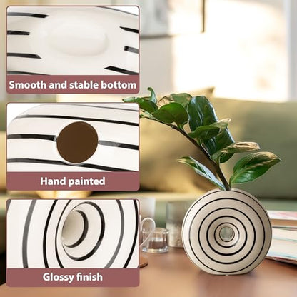 Ceramic Small Donut Vase Hand Painted Glossy Finish Flower Vase, Black and White, Unique Modern Home Decor for Living Room, Coffee Table, Mid Century Decor - size: Small
