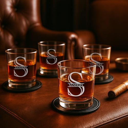 Personalized Whiskey Glasses Set in Wooden Gift Box - Includes 4 Scotch Glasses, 4 Natural Slate Coasters, 8 Chilling Stones & Tongs - Great Mens Home Bar Gift for Him, Husband, Dad