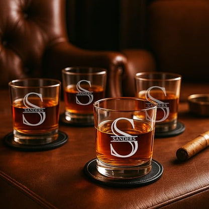 Personalized Whiskey Glasses Set in Wooden Gift Box - Includes 4 Scotch Glasses, 4 Natural Slate Coasters, 8 Chilling Stones & Tongs - Great Mens Home Bar Gift for Him, Husband, Dad