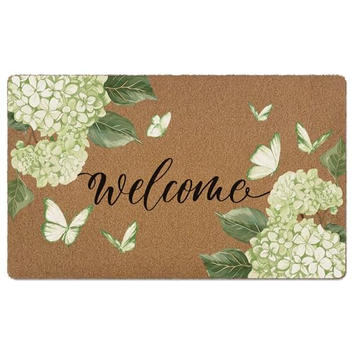 Hydrangea Floral Welcome Door Mat, Summer Green Hydrangea Butterfly Artificial Coir Front Door Mat Indoor Outdoor Entrance, Cute Farmhouse Doormat Rug for Porch Entryway Patio Decor,17X30 Inch - color: Green Hydrangea