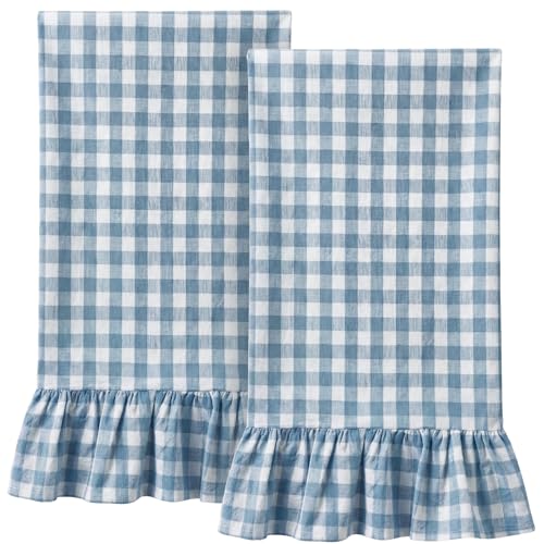 HunnmingRe 2 Pcs Dusty Blue Gingham Kitchen Towels Cotton Ruffle Dish Towel | 100% Cotton Dish Cloths, 18x28 Inch Tea Towels For Farmhouse Gifts, Soft Absorbent, Drying Dishes, Classic Plaid Pattern - color: Dusty Blue, style: Gingham