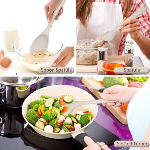 P&P CHEF Khaki Kitchen Utensils, Silicone Cooking Utensil Set of 7 | Soft Spatula for Nonstick Cookware, Slotted Turner, Soup Ladle, Pasta Server, Spoon for Cooking, Dishwasher Safe & Heat Proof - color: Khaki