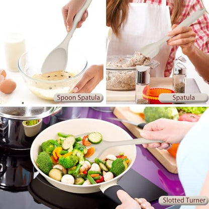 P&P CHEF Khaki Kitchen Utensils, Silicone Cooking Utensil Set of 7 | Soft Spatula for Nonstick Cookware, Slotted Turner, Soup Ladle, Pasta Server, Spoon for Cooking, Dishwasher Safe & Heat Proof - color: Khaki