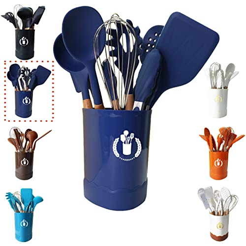 Dark Blue Silicone Kitchen Cooking Utensils Set, Heat Resistant Gadgets with Wooden Handle, Silicone Spoons, Spatula, Whisk for Nonstick Cookware - color: Dark Blue 11p