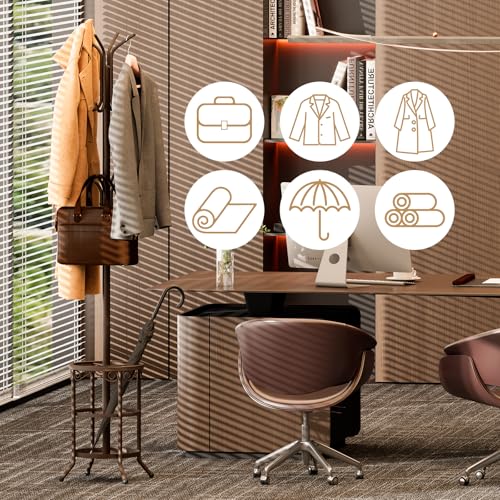Coat Rack Freestanding With Umbrella Holder – Metal Hall Tree with 12 Hooks, Entryway Organizer for Hats, Bags, and Clothes (Brown) - color: Brown