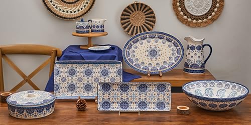 Bico Blue Talavera Ceramic 14 inch Rectangular Serving Platter, Set of 2, for Serving Salad, Pasta, Cheese, Ham, Appetizer, Microwave & Dishwasher Safe - style: Blue Talavera