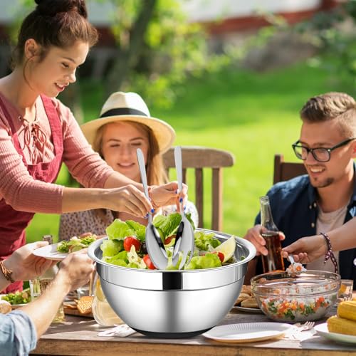 ShineMe Stainless Steel Salad Bowl with Lid, Extra Large Metal Bowl with Serving Utensils for Preparing, Mixing, Marinating, and Serving with Anti-slip Bottom, Unbreakable Kitchen Bowls 7QT - color: Silver