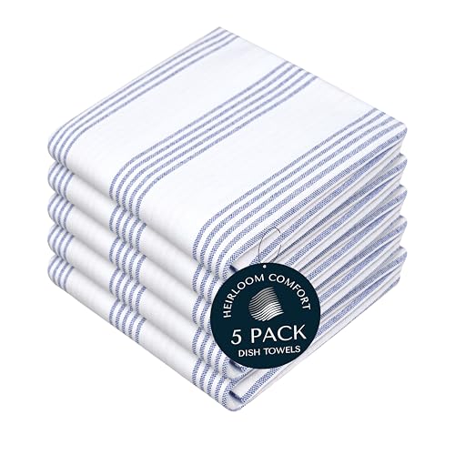 Indigo Blue Stripe Kitchen Towels, 5 Pack, 100% Cotton, Super Absorbent and Quick Dry, Multi Pin Striped Towel Set, Durable Dish Cloths for Kitchen Use, Cleaning & Drying Dishes - color: Indigo Blue, style: 5 Pack