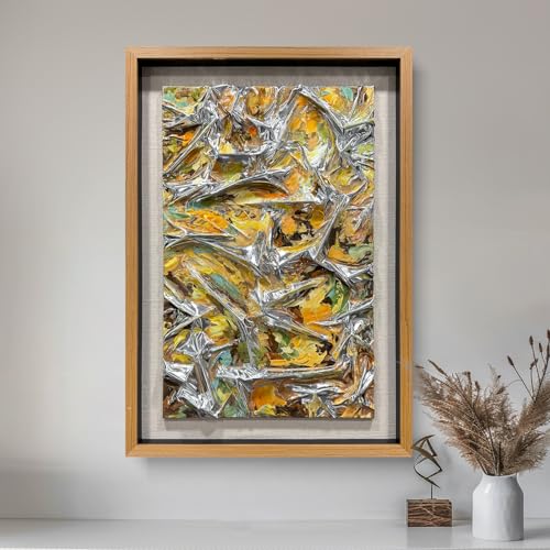 BrightA Textured Silver Leather Abstract Art Wall Sculpture - Vibrant Spray-Painted Fluid Colors (Yellow/Orange/Green) with Solid Wood Frames, Contemporary Modern Wall Art for Living Room 27.5"x 39.4" - color: Yellow + Silver + Beige + natural wood tone,