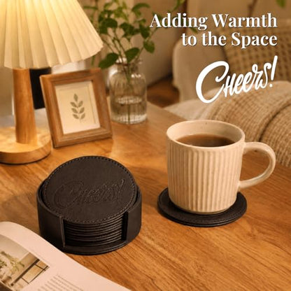 Coasters for Drinks Set of 6 with Holder, 6-Piece Leather Coasters with Embossed Cheers Marks - Durable Drink Coasters Set for Home, Bar, or Office - Black - color: Black