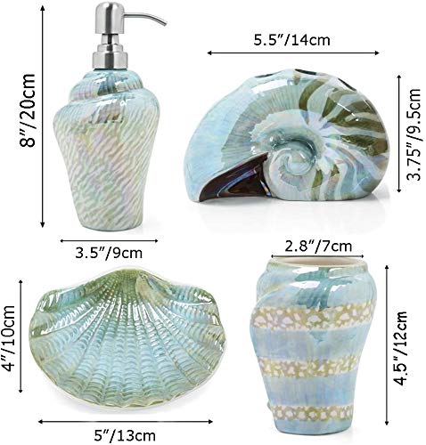 Ocean Conch Sea Shell Ceramic Bathroom Accessories Set of 4,1 Gargle Cups 1 Toothbrush Holders 1 Soap Dishes 1 Soap Dispenser (Green) - color: Green