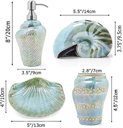 Ocean Conch Sea Shell Ceramic Bathroom Accessories Set of 4,1 Gargle Cups 1 Toothbrush Holders 1 Soap Dishes 1 Soap Dispenser (Green) - color: Green