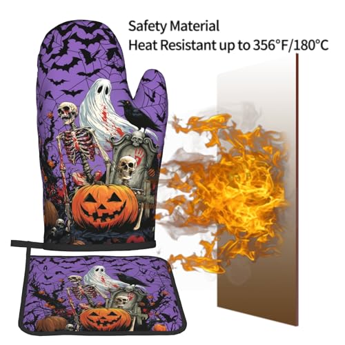 Giwawa Halloween Pumpkin Oven Mitts and Pot Holder Set of 2 Spooky Ghost Bat Heat Resistant Kitchen Gloves Hot Pad for Baking Cooking Grilling BBQ - color: Halloween Purple