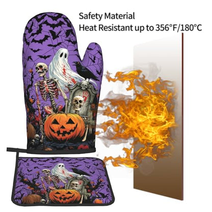 Giwawa Halloween Pumpkin Oven Mitts and Pot Holder Set of 2 Spooky Ghost Bat Heat Resistant Kitchen Gloves Hot Pad for Baking Cooking Grilling BBQ - color: Halloween Purple