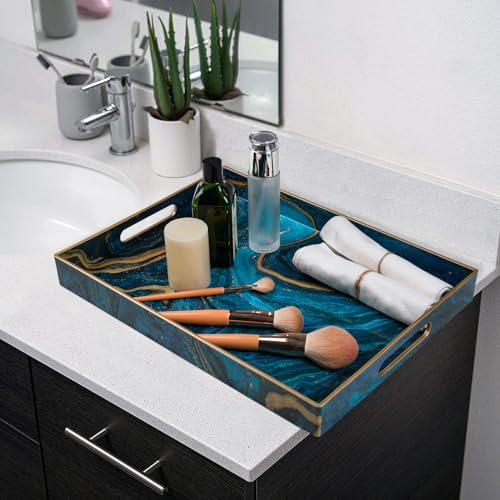 Blue Serving Trays, Plastic Rectangular Serving Tray with Handles | Rectangle Coffee Table Trays, Modern Marbling Sticker Trays, Melamine Tray for Ottoman, Kitchen Countertop, 15.6” x 11.8” - color: Blue, size: 15.6" x 1.6" x 11.8"
