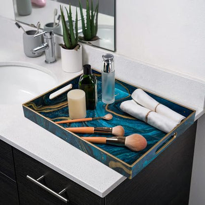 Blue Serving Trays, Plastic Rectangular Serving Tray with Handles | Rectangle Coffee Table Trays, Modern Marbling Sticker Trays, Melamine Tray for Ottoman, Kitchen Countertop, 15.6” x 11.8” - color: Blue, size: 15.6" x 1.6" x 11.8"