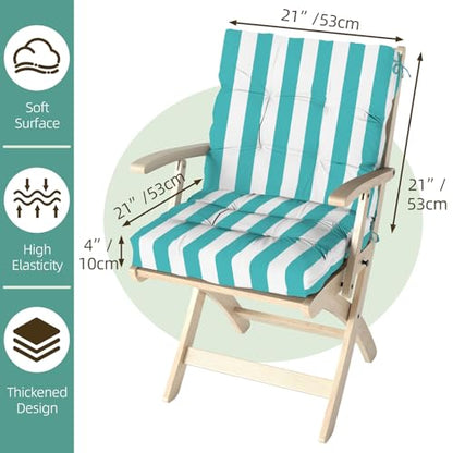 Outdoor Chair Cushions 42x21x4 Inch Set of 2, Lake Blue Stripe | Patio Cushions for Dining Rocking Chairs, High Back Soft Seat Pad with Ties, Waterproof Fade Resistant, Indoor Outside Use - color: Lake Blue White Stripes