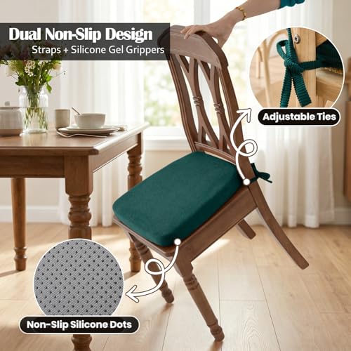 Dining Chair Cushions, Hunter Green, 17"x16", Set of 6 |2'' Thick Cooling Gel High-Density Foam, Ties and Non-Slip Bottom, Removable Washable Cover, For Dining and Kitchen - color: Hunter Green, size: 6 Count (Pack of 1)