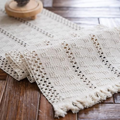 Macrame Table Runner Cream Beige Boho Table Runners with Tassels Hand Woven Cotton Table Runner Rustic Farmhouse Table Runners for Bohemian Kitchen Dining Table(12x60in) - size: 12"Wx60"L