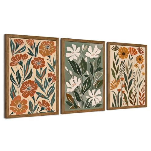 Urmoya 3 Pieces Boho Floral Decor Flower Market Wall Art, 12x16 Inch | Wood framed, Chic green and beige botanical trio, Ready to hang, for living room, Office, or guest bedroom home decor - color: Jasmine, size: 16"L x 12"W