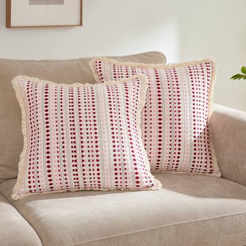 Embroidered Throw Pillow Cover Set of 2, Spring Summer Boho Farmhouse Decorative Pillow Case with Tassels, Textured Cushion Cases for Sofa Living Room Home Decor (Red, 18" x 18") - color: Red, size: 18" x 18" (Pack of 2)