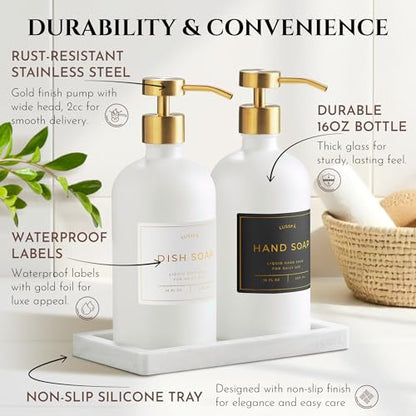 Glass Soap Dispenser Set of 2 (White) with Silicone Tray | Hand and Dish Soap Dispenser for Kitchen and Bathroom | 16.8 Oz Glass Bottles with Stainless Steel Pump & 15 Waterproof Labels (White/Gold) - color: White/Gold