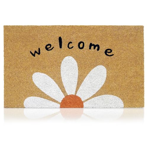 Coir Welcome Mat, Non-Slip, Welcome Daisy, 17 x 29 in | 100% Natural Coir, Anti-Shedding, Durable PVC Backing, Traps Dirt and Mud, Indoor and Outdoor Entryway, Easy to Clean - color: Daisy, size: 2'5" x 1'5" (Rectangular)