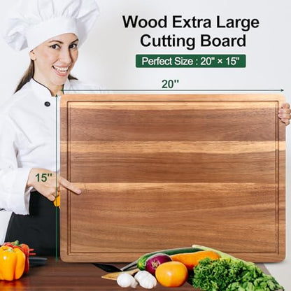 20" XL Extra Large Wood Cutting Boards for Kitchen Acacia Charcuterie Board | Hardwood Solid Chopping Board Meat Big Wooden Cutting Board Non Toxic Turkey Serving Bread Cheese Boards Butcher Block - size: 20"L x 15"W