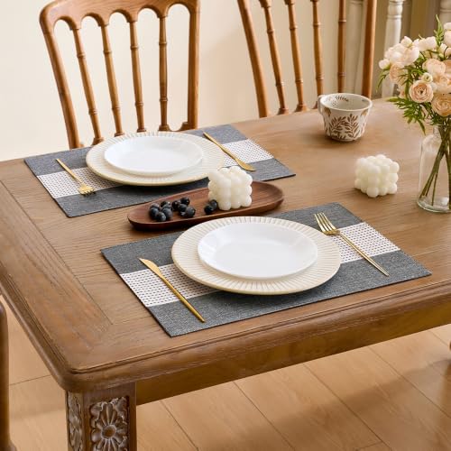 Wracra Linen Placemats Set of 4, Black Macrame Place Mats for Kitchen Table | Stripe Placemats 12 x 18 Inch; Heat Resistant Table Mats; Premium Cotton Linen Woven Fabric; Delicate Splicing Designs - color: Black, size: 12×18 Inch (Set of 4)