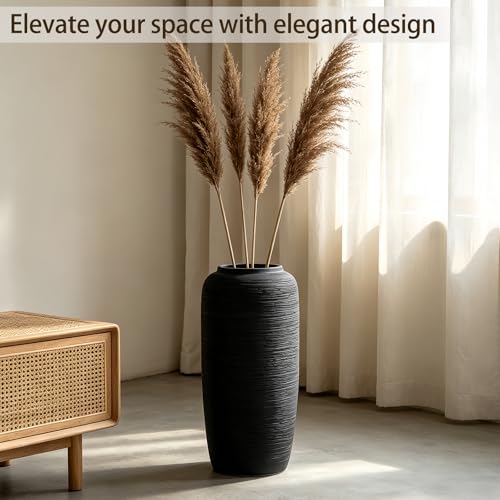 Black Rustic Ceramic Floor Vase, 15.7 Inch, Ribbed Texture | Living Room, Entryway, Fireplace, Pampas Grass, Dried Branches - size: 15.7 Inch