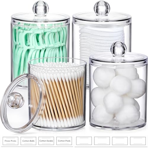 4 Pack Acrylic Qtip Holder Dispenser for Cotton Swabs, Balls, Floss Picks | Thick, Highly Clear, w/ Labels - Small Canister Apothecary Jar Set, Bathroom Decor Essentials, Shelf Vanity Storage Organizer - color: Clear-4 Pack
