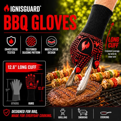 IGNISGUARD® BBQ Gloves, Heat Resistant Grill Gloves, 1 Pair, Red (L) | EN407:2020 tested with textured silicone grip, three-layer construction and long knit cuff for added wrist coverage. - color: Red, size: Large