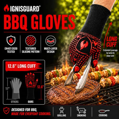 IGNISGUARD® BBQ Gloves, Heat Resistant Grill Gloves, 1 Pair, Red (L) | EN407:2020 tested with textured silicone grip, three-layer construction and long knit cuff for added wrist coverage. - color: Red, size: Large
