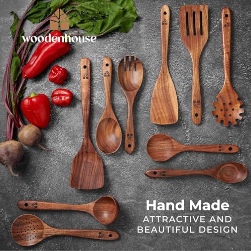 Wooden Spoons for Cooking, 10 Pcs Teak Wood Utensil Set for Nonstick | Durable, Heat Resistant & Food-Safe with Ergonomic Handles – Woodenhouse Kitchen Cookware - size: 10 Piece Set