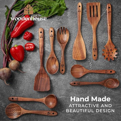 Wooden Spoons for Cooking, 10 Pcs Teak Wood Utensil Set for Nonstick | Durable, Heat Resistant & Food-Safe with Ergonomic Handles – Woodenhouse Kitchen Cookware - size: 10 Piece Set