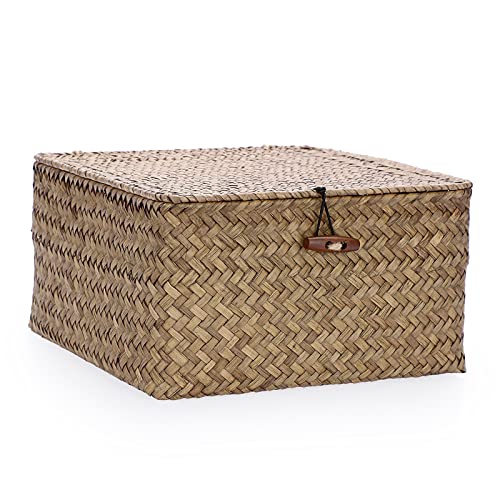 Hipiwe Wicker Shelf Baskets Bin with Lid Handwoven Seagrass Storage Basket Container Square Multipurpose Household Basket Boxes for Shelves and Home Organizer, Coffee Medium - color: Coffee, size: Medium