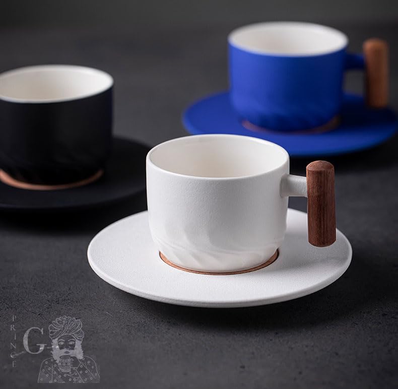 PRINCE G Japanese Style Ceramic Mug with Matching Saucer – Handmade Espresso, Coffee, Tea & Matcha Cup, Ideal Gift Set with Handgrip (BLUE) - color: Blue