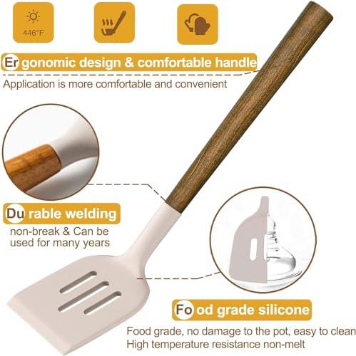 Silicone Cooking Utensil Set,Umite Chef 8-Piece Kitchen Utensils Set with Natural Acacia Wooden Handles, Silicone Kitchen Gadgets and Spatula Set for Nonstick Cookware - Khaki - color: Khaki