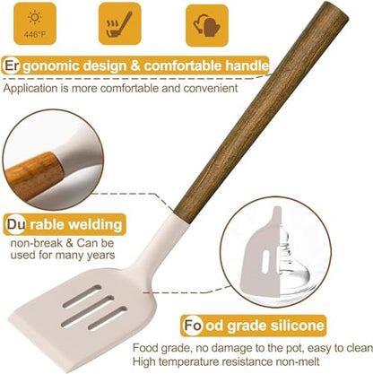 Silicone Cooking Utensil Set,Umite Chef 8-Piece Kitchen Utensils Set with Natural Acacia Wooden Handles, Silicone Kitchen Gadgets and Spatula Set for Nonstick Cookware - Khaki - color: Khaki