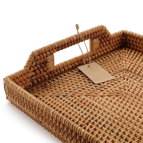 Hand-Woven Rattan Rectangular Serving Tray with Handles for Breakfast, Drinks, Snack for Coffee Table (17x11.4x1.8inches) - size: 17x11.4x1.8inches
