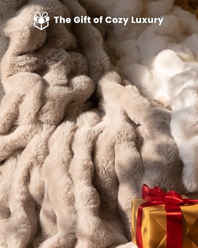 Ultra Soft Cozy Faux Fur Throw Blanket, Fuzzy Plush Thick Bubble Blanket, Oversize Luxury Fluffy Blanket for Couch, Bed, and Living Room, 60x80 Inches, Light Brown - color: Bubble Light Brown, size: Twin