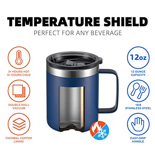 12 oz Insulated Travel Coffee Mug with Handle, Navy | Stainless Steel Coffee Tumbler with Lid, Double Wall Vacuum Thermal Cup for Camping - color: Sliding Lid: Navy, size: 1 Count (Pack of 1)
